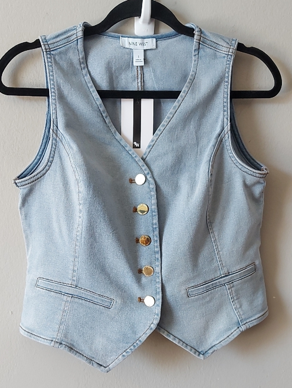 Y2k 90s Edgy Sleeveless Stretch Blue Denim Vest Small Vneck Button Down